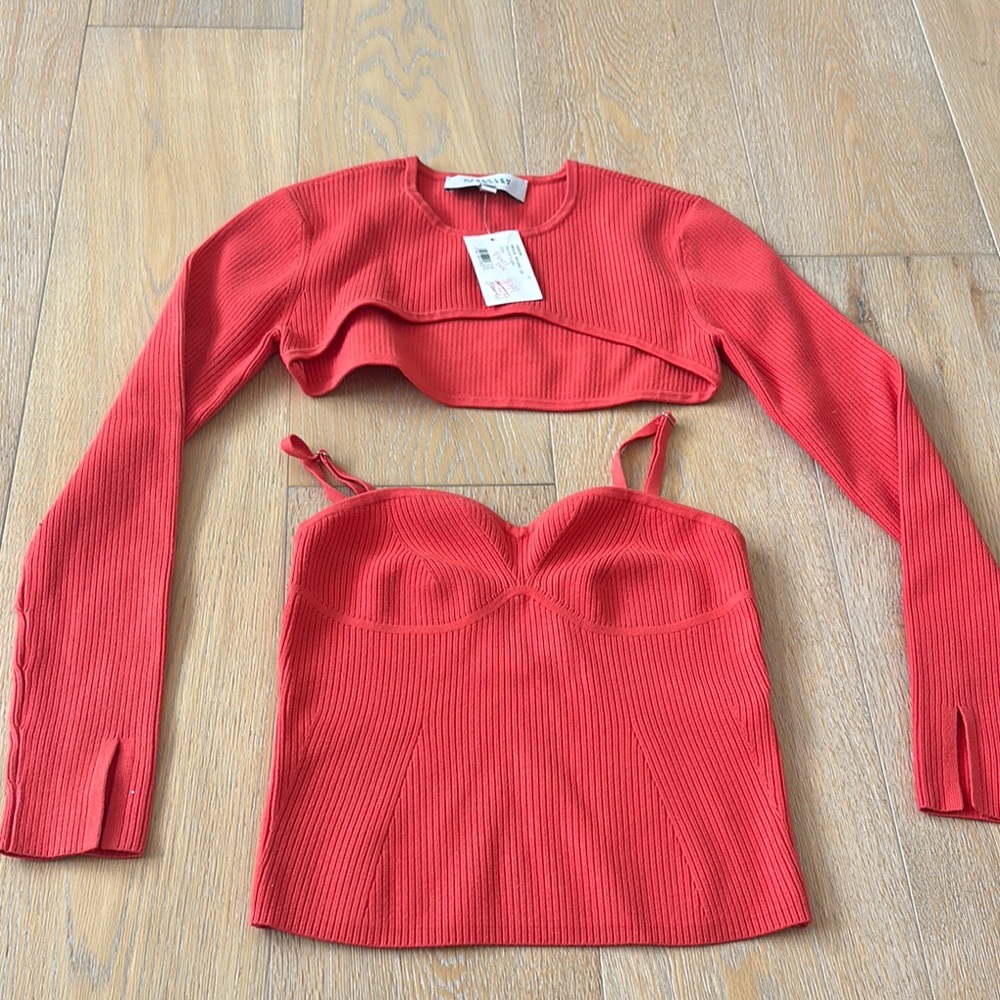 Derek Lam Orange Red Ribbed Tank Top and Cardigan/Shrug Set